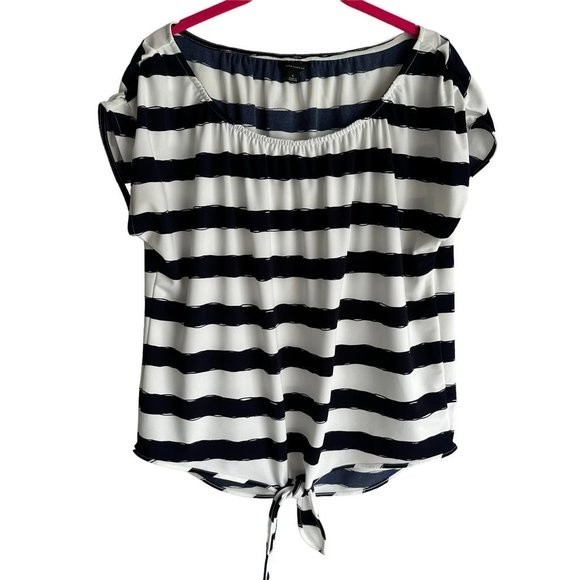 ANN TAYLOR White and Navy Striped Nautical Style Ladies Summer Top, L - Picture 1 of 5